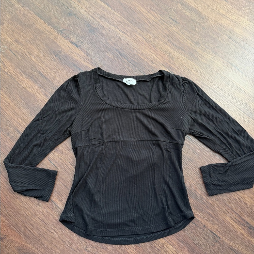 LNA Women’s Black Ribbed Puff Sleeve Long Sleeve